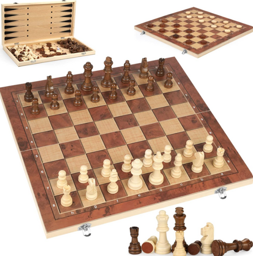 3-in-1 Holzspiel – Schach, Dame & Backgammon – Retourenware