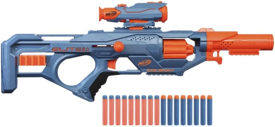 Nerf Elite 2.0 Eaglepoint RD-8 Blaster, 8-Dart Trommel, abnehmbares Fernrohr und Abnehmbarer Lauf, mit 16 Nerf Darts und Bolzen, 27 Meter Schussweite