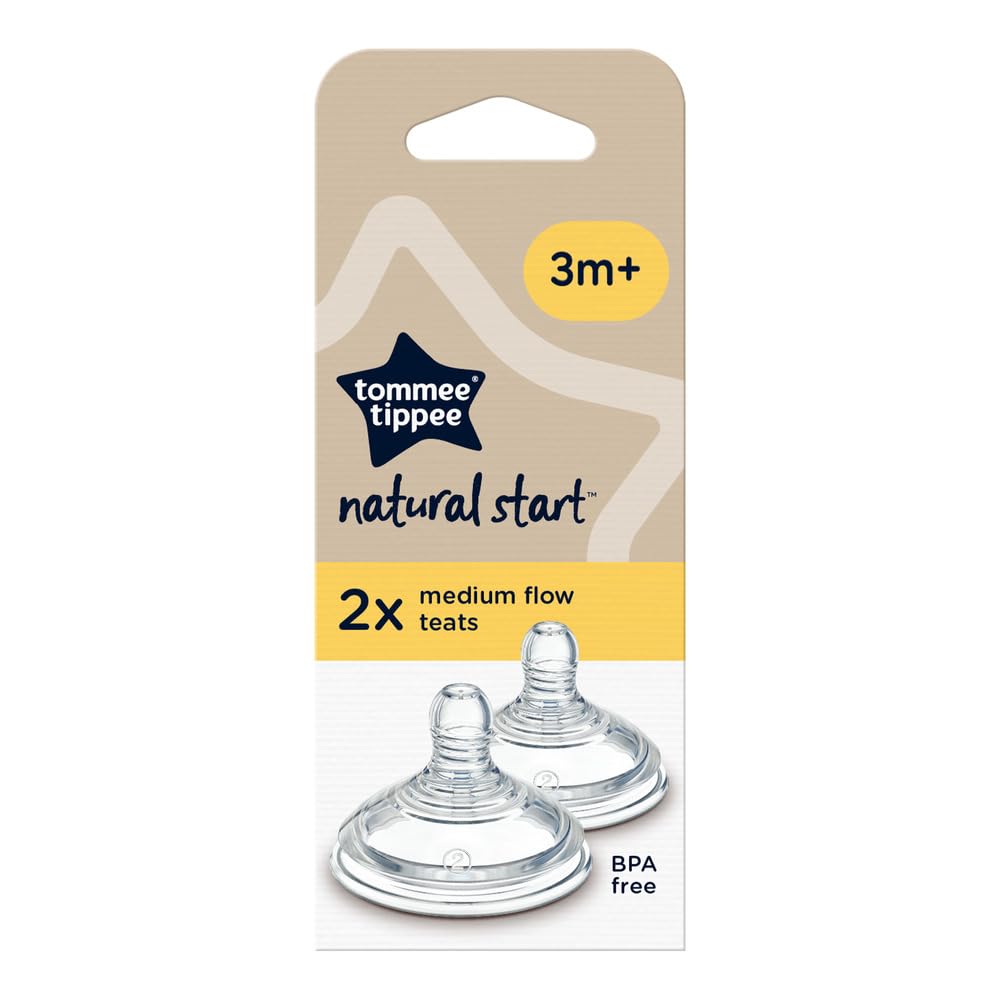 Tommee Tippee-Flaschensauger, Natural Start-Sauger, mittlerer Durchfluss, 3+ M., 2er-Pack, brustähnlich, Anti-Kolikventil, weiches Silikon, Zubehör
