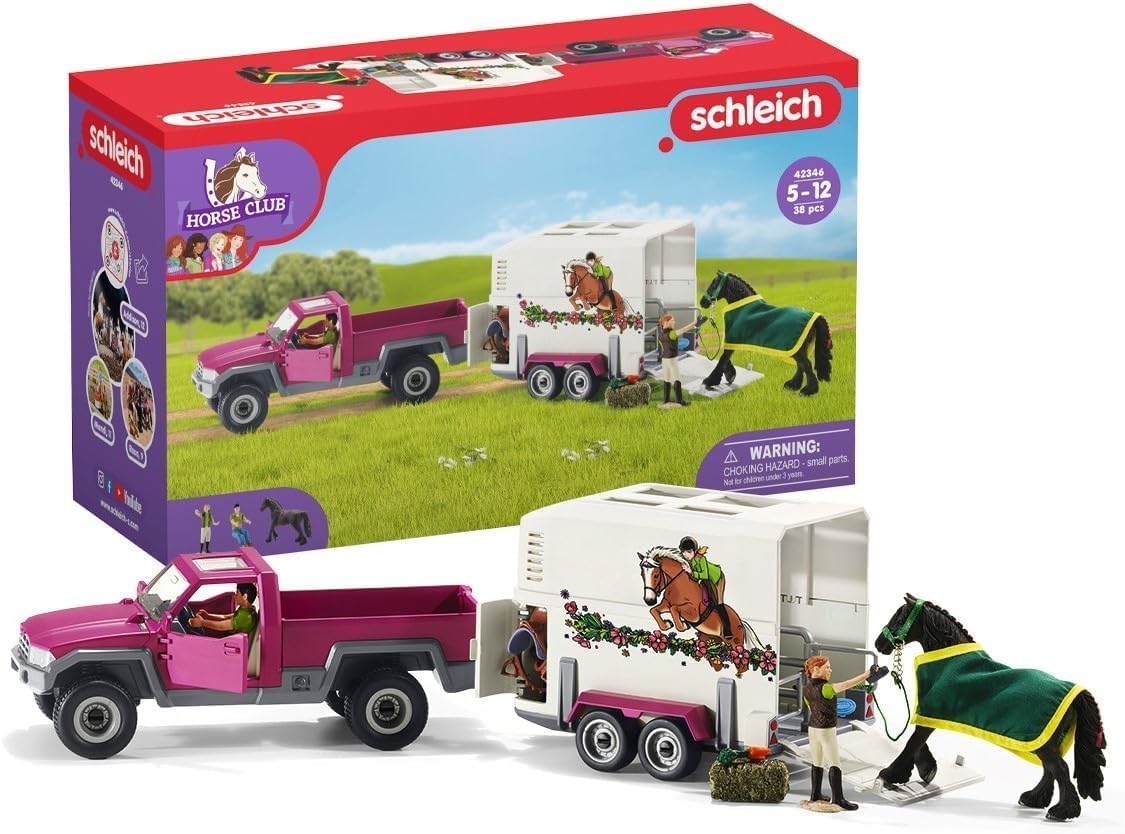 Schleich Horse Club | Pick-up mit Pferdeanhänger 42346 | Set inkl. Fahrzeug, Anhänger, Pferd, 2 menschliche Figuren & Zubehör | Pferdespielzeug & Geschenk für Kinder | 38-teiliges Spielset