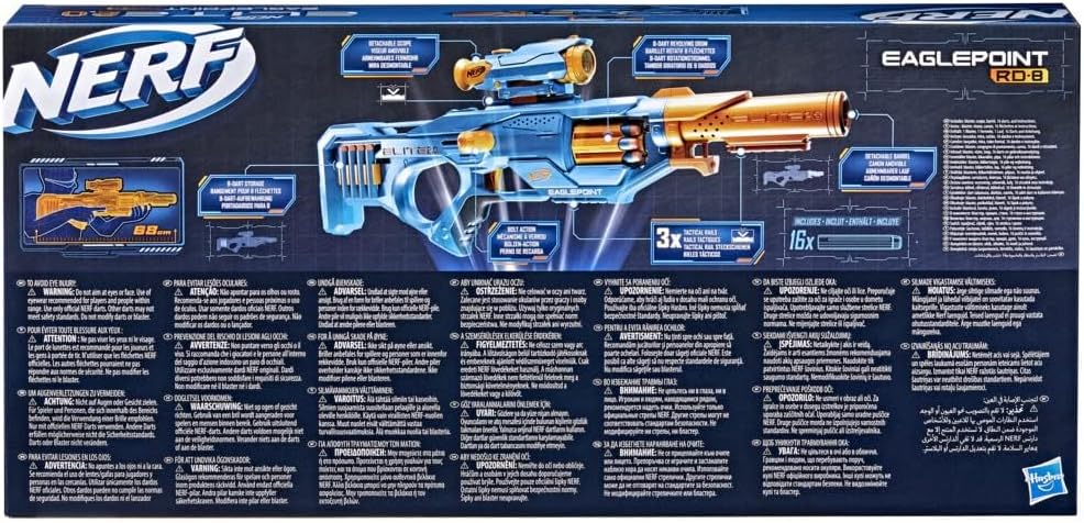 Nerf Elite 2.0 Eaglepoint RD-8 Blaster, 8-Dart Trommel, abnehmbares Fernrohr und Abnehmbarer Lauf, mit 16 Nerf Darts und Bolzen, 27 Meter Schussweite