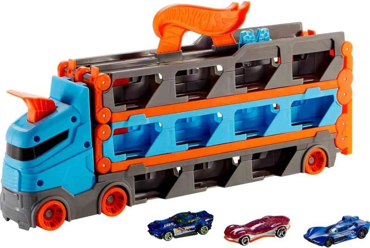 Hot Wheels - 2:1 Autorennbahn zu Transporter, inkl. 3 Spielzeugautos, mit Doppelstarter, Auslösefunktion und Weiche, Platz für 20 Autos, Spielzeug ab 4 Jahre