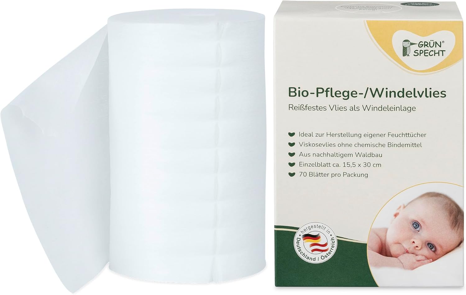 GRÜNSPECHT Bio-Pflege-/Windelvlies, Einlage für Stoffwindeln, 100% biologisch abbaubar, weich, reißfest & saugstark, Spendersystem für Wickeltisch, 70 Blätter (699-00)