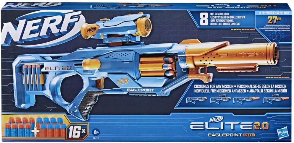 Nerf Elite 2.0 Eaglepoint RD-8 Blaster, 8-Dart Trommel, abnehmbares Fernrohr und Abnehmbarer Lauf, mit 16 Nerf Darts und Bolzen, 27 Meter Schussweite