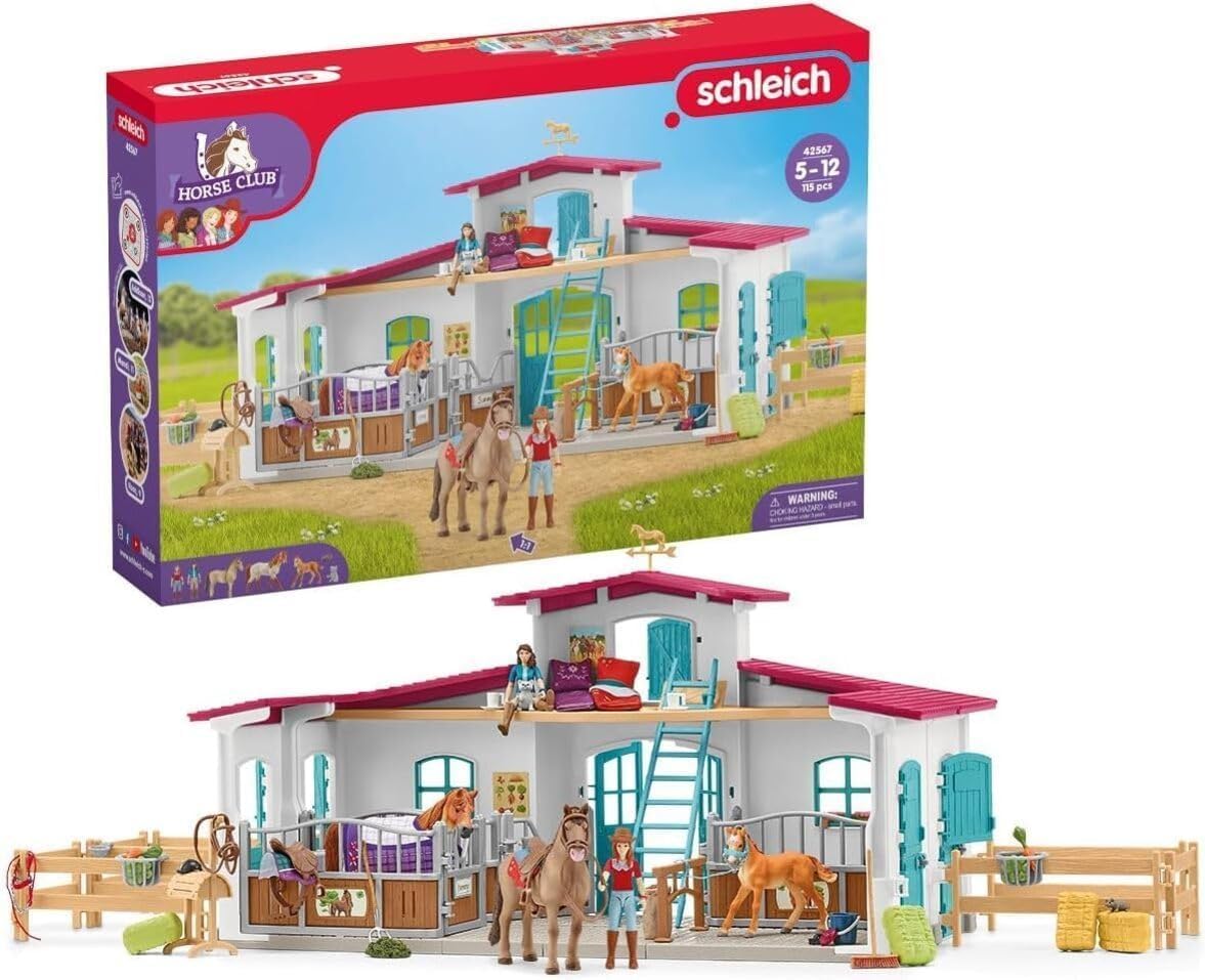 Schleich Horse Club | Reiterhof 42567 | Pferdestall mit Hannah, Lisa, 3 Pferden, Pferdeboxen und viel Zubehör | Geschenk für Mädchen & Jungen | Kinder Pferde Spielzeug ab 5 Jahren Set aus 115 Teilen