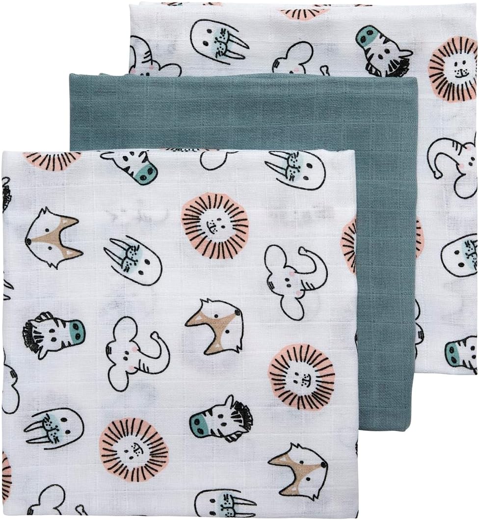 Meyco 452019 Mull/Musselin Windel 3er Set, 70x70cm ANIMAL-UNI Stone Green-Weiss