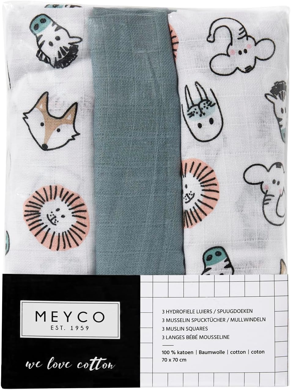 Meyco 452019 Mull/Musselin Windel 3er Set, 70x70cm ANIMAL-UNI Stone Green-Weiss