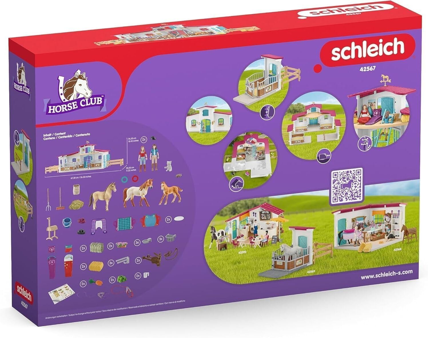 Schleich Horse Club | Reiterhof 42567 | Pferdestall mit Hannah, Lisa, 3 Pferden, Pferdeboxen und viel Zubehör | Geschenk für Mädchen & Jungen | Kinder Pferde Spielzeug ab 5 Jahren Set aus 115 Teilen