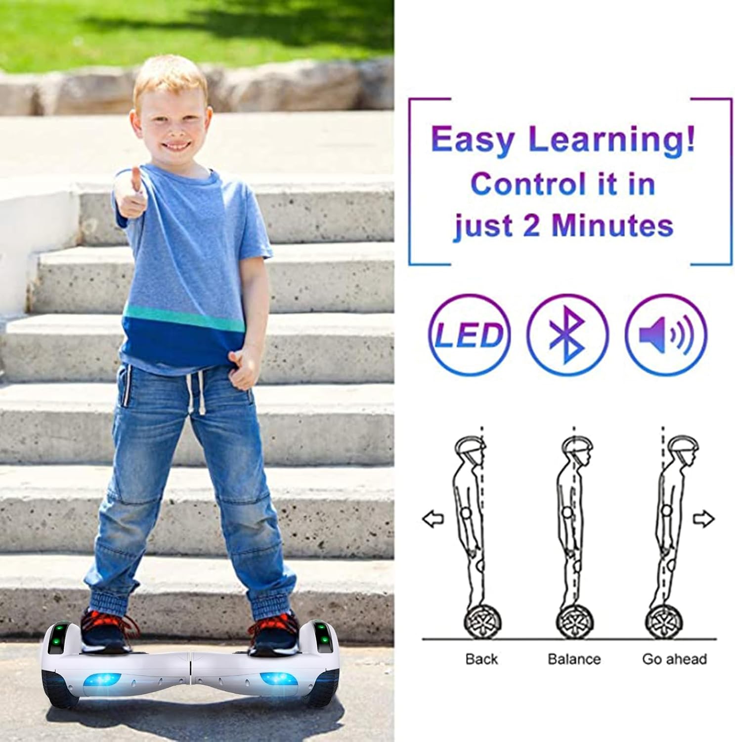 Hoverboard für Kinder mit Bluetooth-Lautsprecher &amp; LED-Beleuchtung