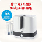 NUK Vario Express Flaschensterilisator | sterilisiert bis zu 6 Babyflaschen plus Zubehör in 6 Minuten auf Wasserdampfbasis | automatische Abschaltung | herausnehmbarer Korb & versetzbare Stäbe