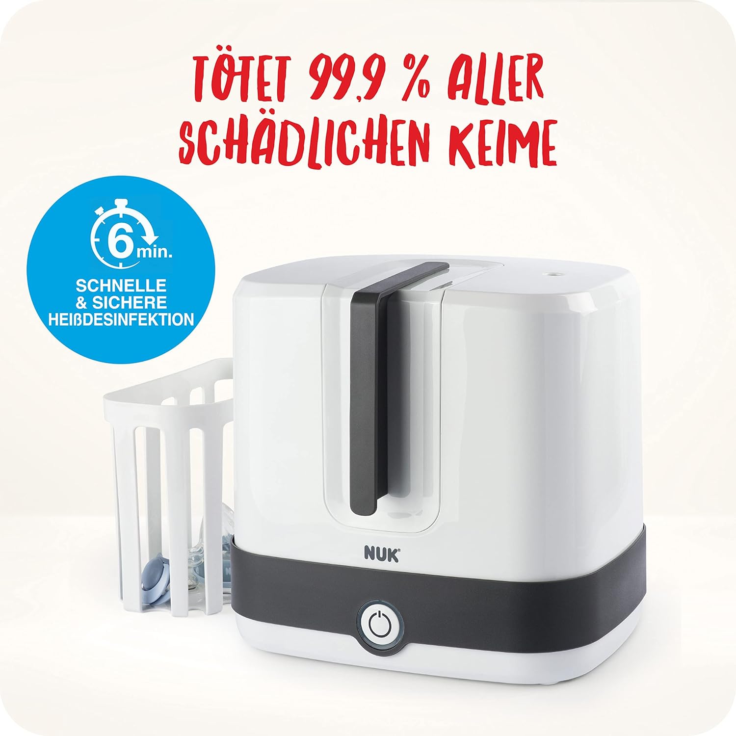 NUK Vario Express Flaschensterilisator | sterilisiert bis zu 6 Babyflaschen plus Zubehör in 6 Minuten auf Wasserdampfbasis | automatische Abschaltung | herausnehmbarer Korb & versetzbare Stäbe