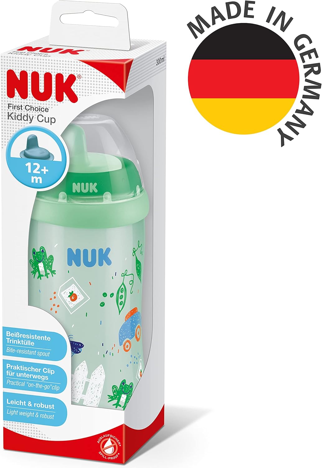 NUK First Choice Kiddy Cup Kunststoff Trinklernbecher | 12+ Monate | auslaufsichere | beißresistenter Trinkschnabel | Clip & Schutzkappe | 300 ml | BPA-frei | Grün
