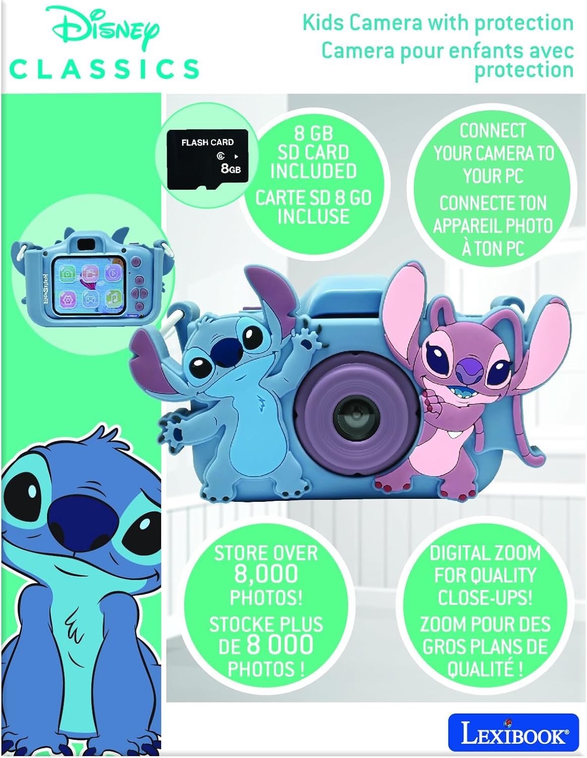 Lexibook, Disney Stitch, 4-in-1 Kamera für Kinder mit Schutz, Foto-, Video-, MP3- und Spielfunktionen, 15 Rahmen zur Personalisierung Ihrer Fotos, 8 GB Speicherkarte enthalten, DJ078D