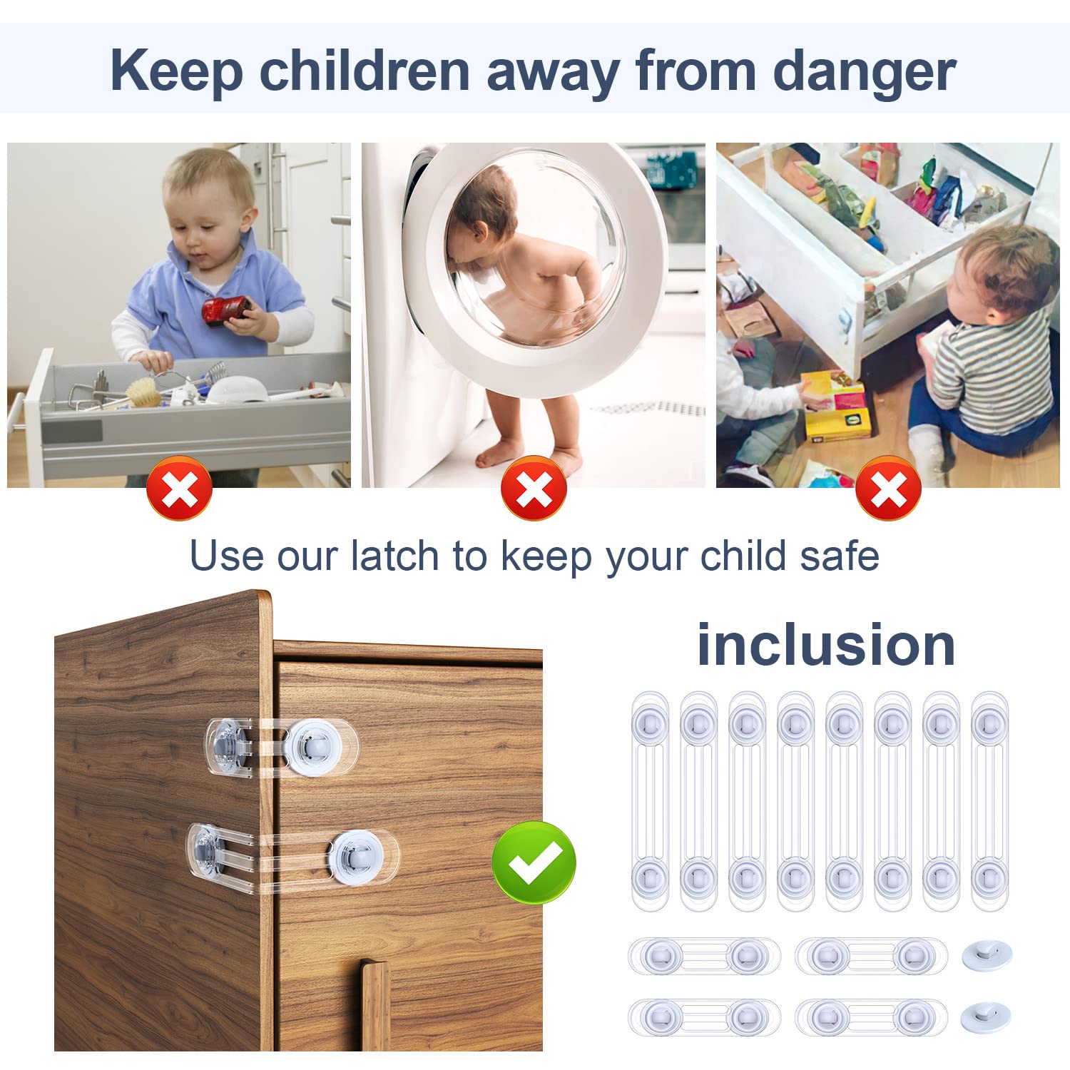 Kimsky Kindersicherung Schrank und Schubladen, 12 Stück Schranksicherung zwei Größe Schubladensicherung, Prämie Schubladensicherung zum Kleben ohne Bohren - Transparent