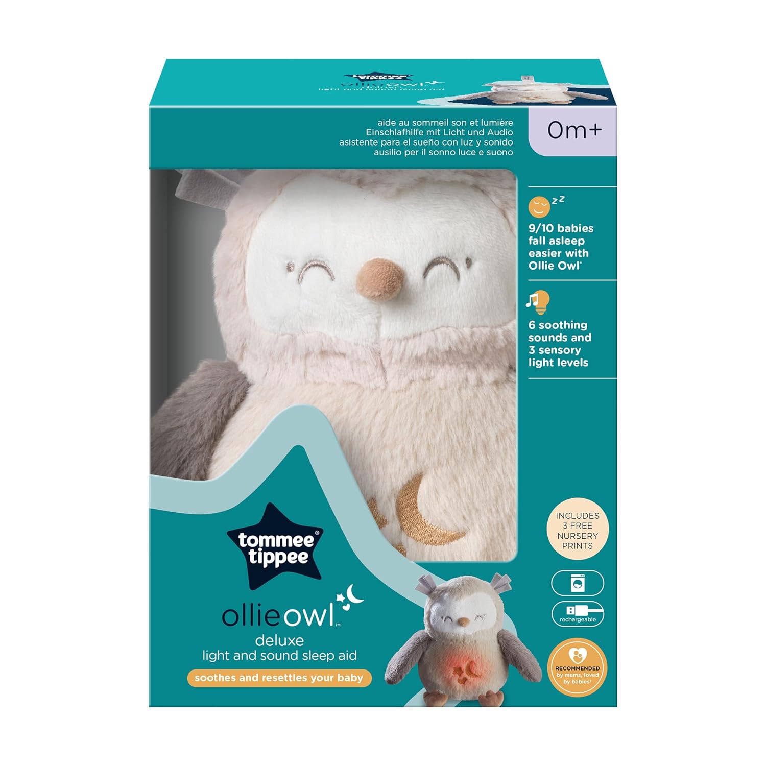 Tommee Tippee Deluxe Ton- und Licht-Einschlafhilfe für Babys und Kleinkinder mit CrySensor, OllieEule, 6 beruhigende Klänge und Nachtlicht, USB-aufladbar und maschinenwaschbar