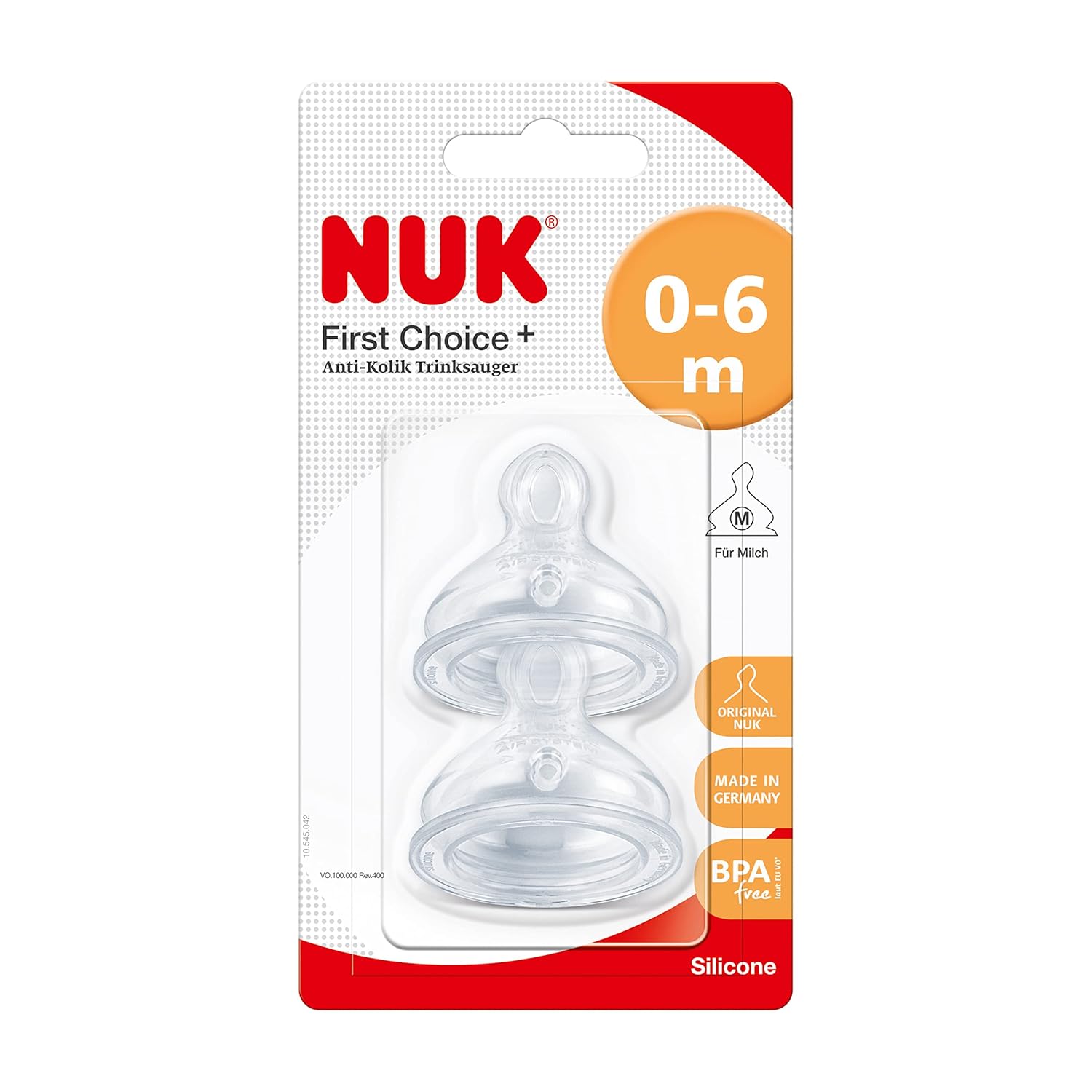 NUK First Choice+ Anti-Colic-Trinksauger Silikon | kiefergerechte NUK Form | Größe 1 (0-6 Monate) M für Milch | 2 Stück