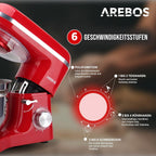 Arebos Küchenmaschine 1500W mit 6L Edelstahl-Rührschüssel | Rot |