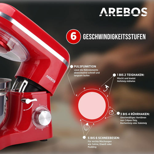 Arebos Küchenmaschine 1500W mit 6L Edelstahl-Rührschüssel | Rot |