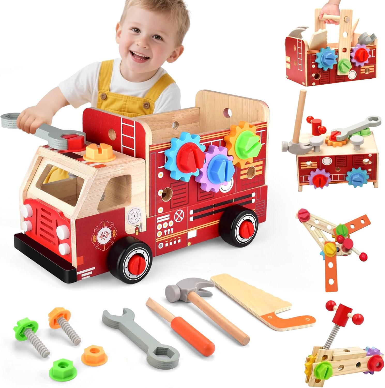 Nauotk Werkzeugkoffer Kinder Werkbank, 2 in 1 Feuerwehrfahrzeug aus Holz und Werkzeug Kinder, Montessori Holzspielzeug Spielzeug ab 2 3 4 5 Jahre, Kinderwerkzeug Werkzeugwagen, Geschenk Junge Mädchen