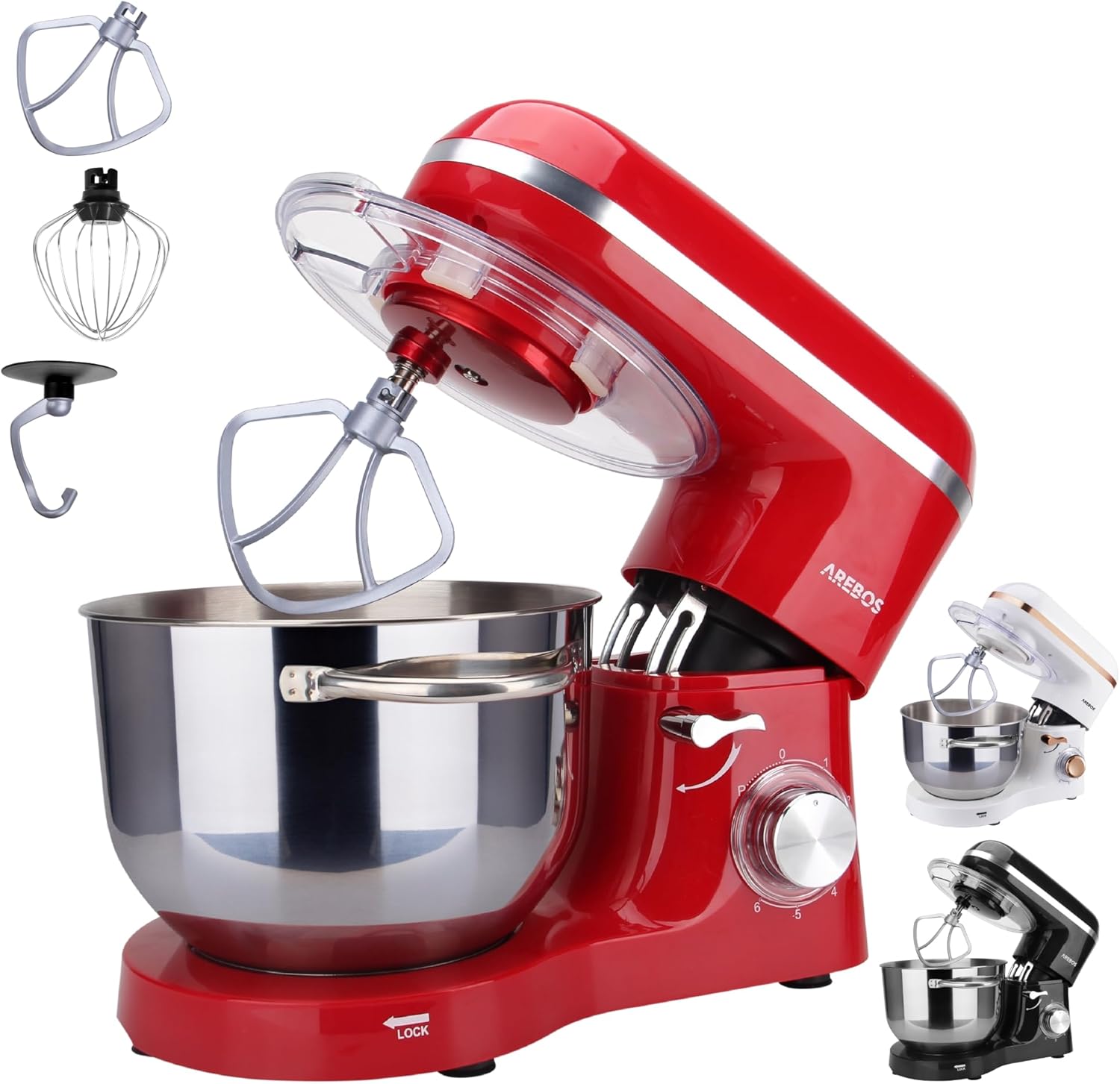 Arebos Küchenmaschine 1500W mit 6L Edelstahl-Rührschüssel | Rot |