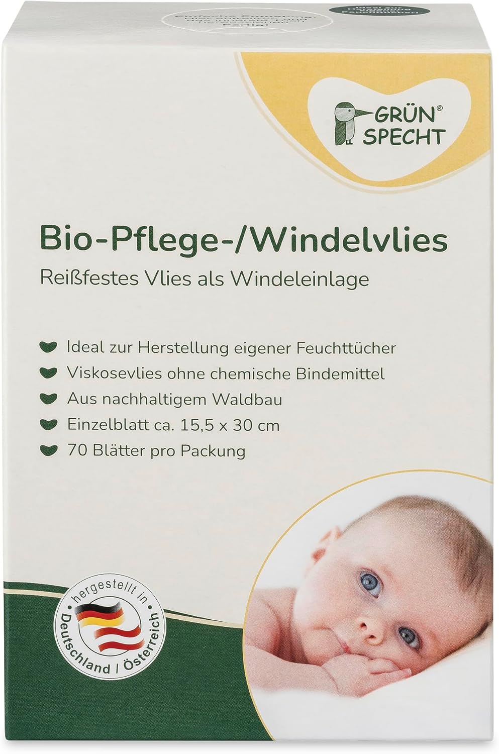 GRÜNSPECHT Bio-Pflege-/Windelvlies, Einlage für Stoffwindeln, 100% biologisch abbaubar, weich, reißfest & saugstark, Spendersystem für Wickeltisch, 70 Blätter (699-00)
