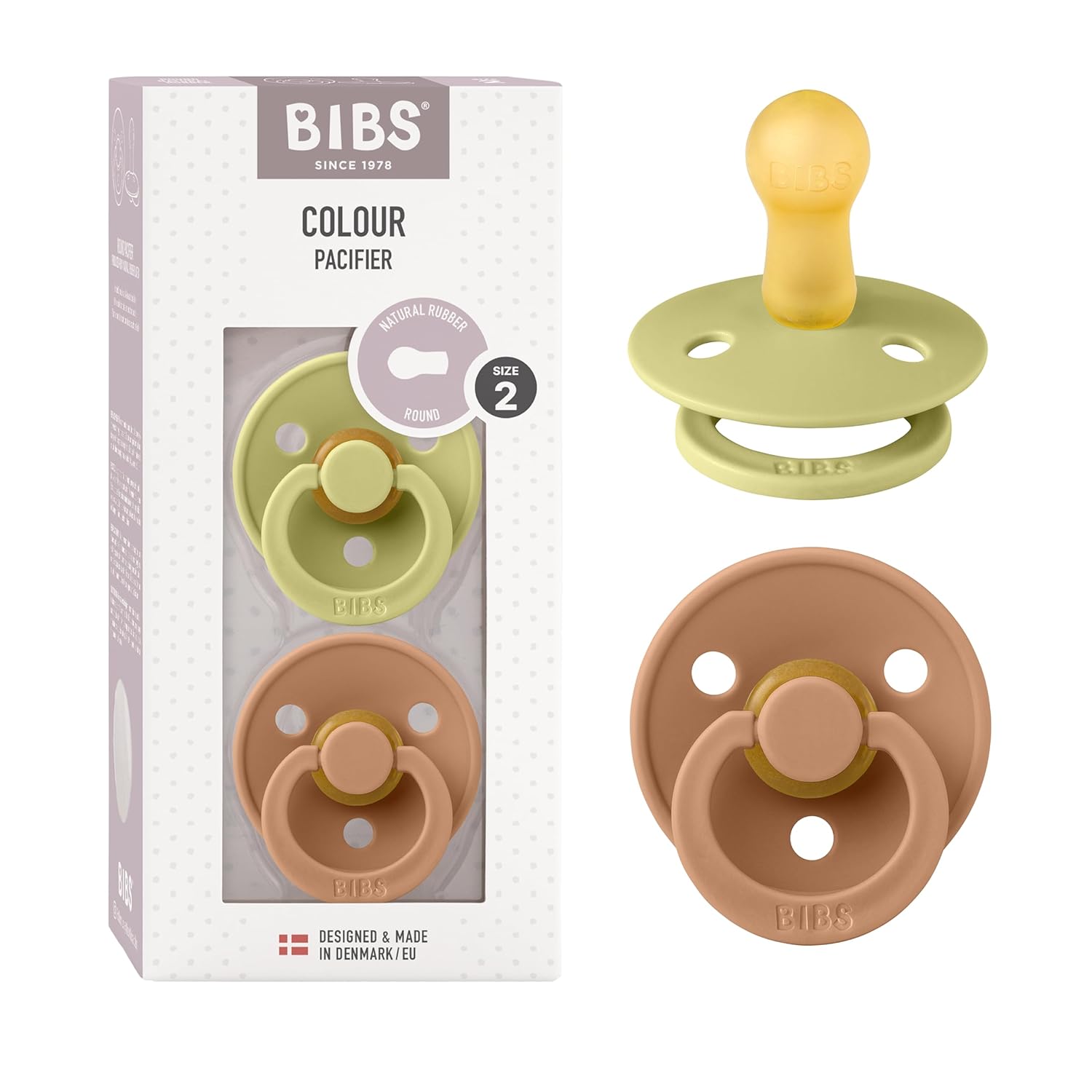 BIBS Colour Schnuller 2er-Pack, BPA-frei, Kirschform Nippel. Naturkautschuk/Latex, Größe 2 (6-18 Monate), Meadow/Earth