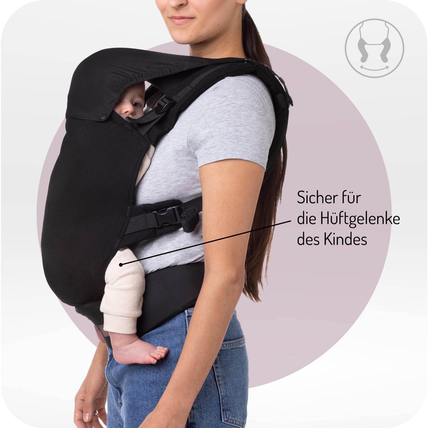 MoMi COLLET Babytrage für Kinder im Alter 3-48 Monate (4-20 kg Körpergewicht), 2 Tragepositionen mit 6 Einstellpunkten, mit Kapuze und einer Köpfchenstütze für das Baby