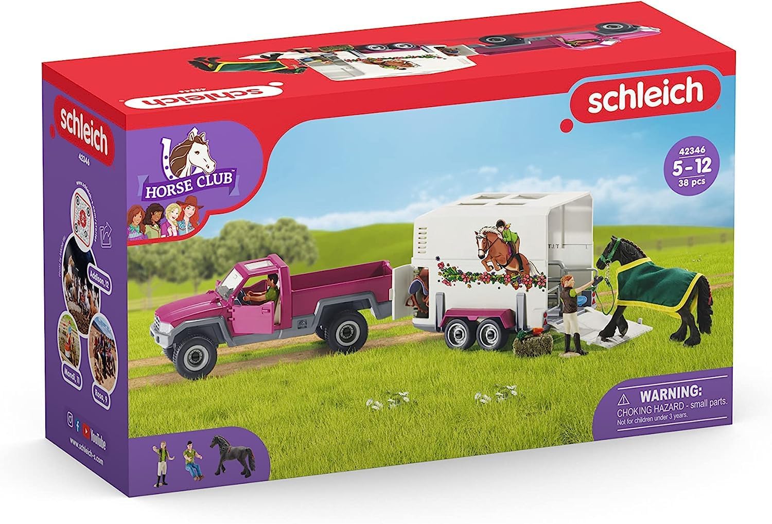 Schleich Horse Club | Pick-up mit Pferdeanhänger 42346 | Set inkl. Fahrzeug, Anhänger, Pferd, 2 menschliche Figuren & Zubehör | Pferdespielzeug & Geschenk für Kinder | 38-teiliges Spielset