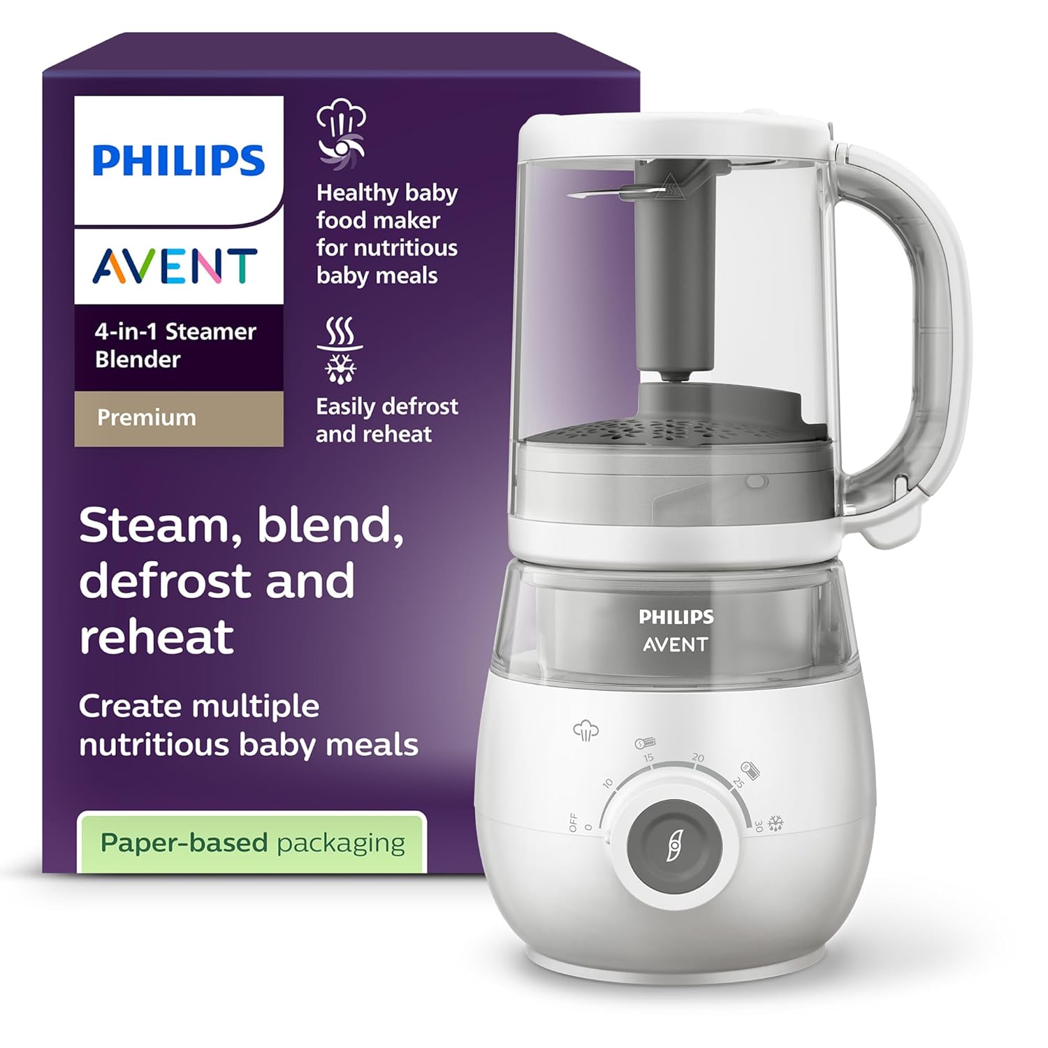 Philips Avent Premium 4-in-1 Dampfgarer, Babynahrungsbereiter, Dampfgarer, Mixen, Auftauen, Aufwärmen, spülmaschinenfest, Modell SCF883/02