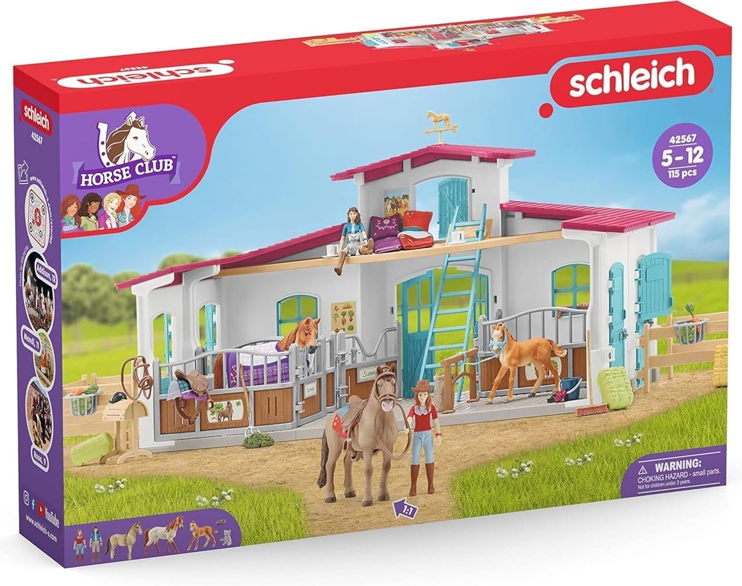 Schleich Horse Club | Reiterhof 42567 | Pferdestall mit Hannah, Lisa, 3 Pferden, Pferdeboxen und viel Zubehör | Geschenk für Mädchen & Jungen | Kinder Pferde Spielzeug ab 5 Jahren Set aus 115 Teilen