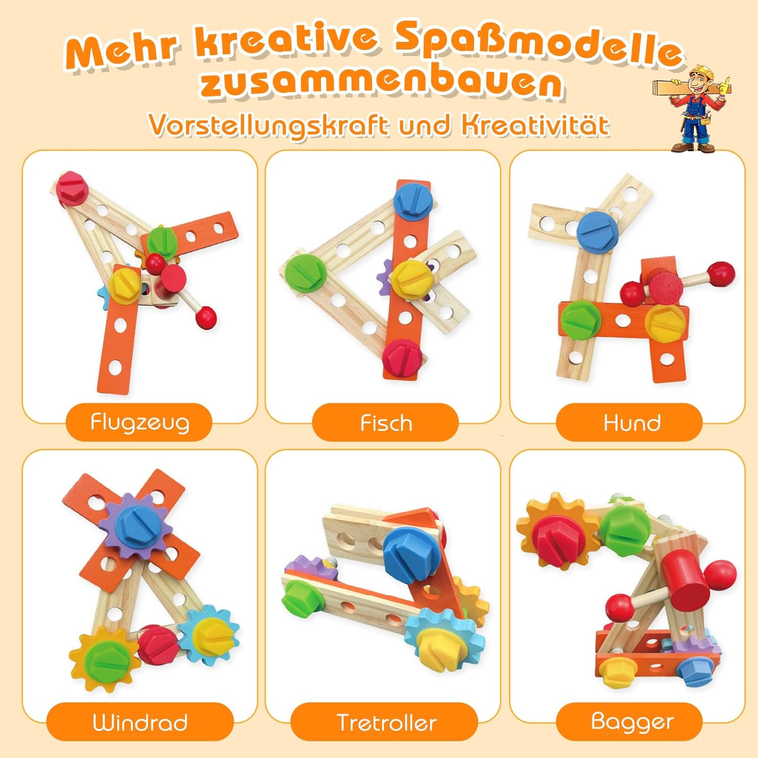 Nauotk Werkzeugkoffer Kinder Werkbank, 2 in 1 Feuerwehrfahrzeug aus Holz und Werkzeug Kinder, Montessori Holzspielzeug Spielzeug ab 2 3 4 5 Jahre, Kinderwerkzeug Werkzeugwagen, Geschenk Junge Mädchen
