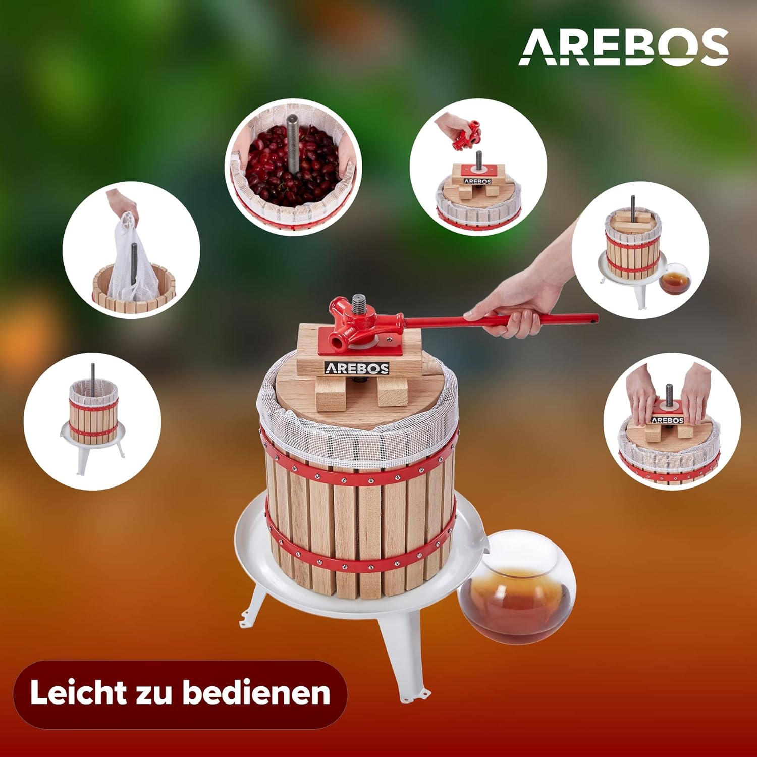 Arebos Obstpresse 12L | Manuelle Saftpresse I Beerenpresse inkl. Presstuch, Druckplatte und Metallspindel I Für jegliche Arten von Saft & Gemüse