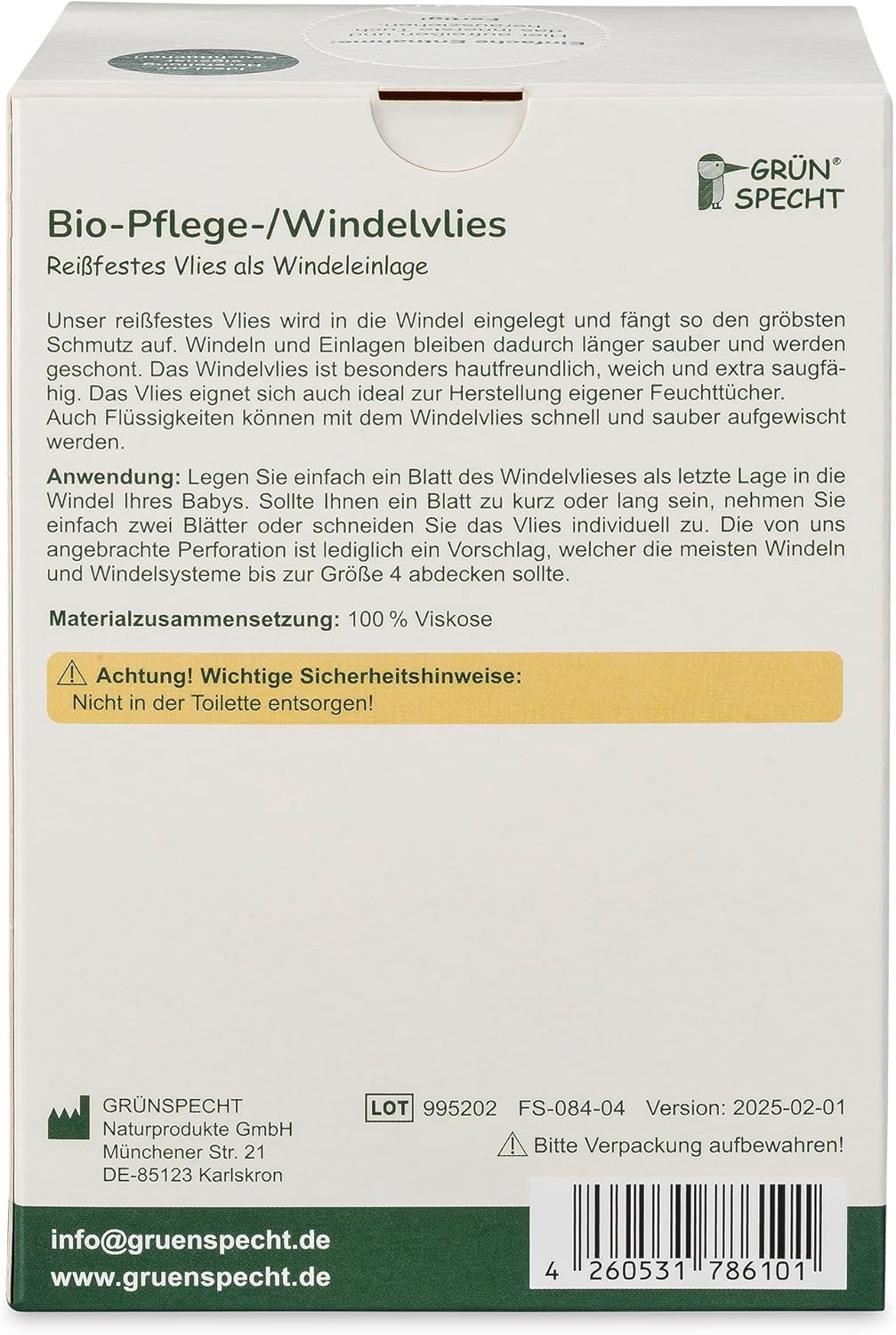 GRÜNSPECHT Bio-Pflege-/Windelvlies, Einlage für Stoffwindeln, 100% biologisch abbaubar, weich, reißfest & saugstark, Spendersystem für Wickeltisch, 70 Blätter (699-00)