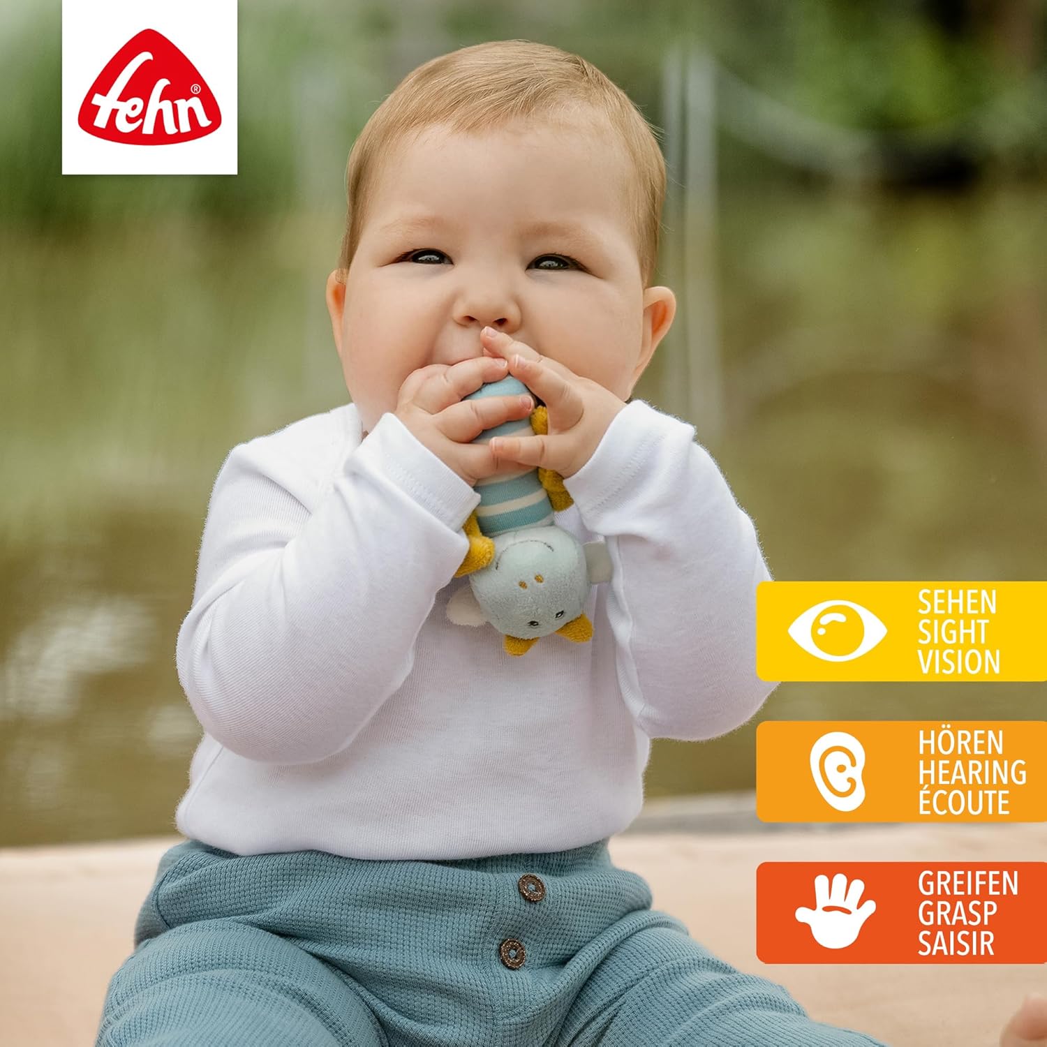 Fehn Mini-Rassel Drache – Mini-Greifling zum Rasseln, Fühlen, Spielen mit kuschelweichem Stoff-Tier – ein treuer Begleiter für Babys und Kleinkinder ab 0+ Monaten