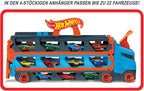 Hot Wheels - 2:1 Autorennbahn zu Transporter, inkl. 3 Spielzeugautos, mit Doppelstarter, Auslösefunktion und Weiche, Platz für 20 Autos, Spielzeug ab 4 Jahre