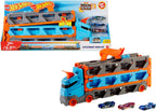 Hot Wheels - 2:1 Autorennbahn zu Transporter, inkl. 3 Spielzeugautos, mit Doppelstarter, Auslösefunktion und Weiche, Platz für 20 Autos, Spielzeug ab 4 Jahre