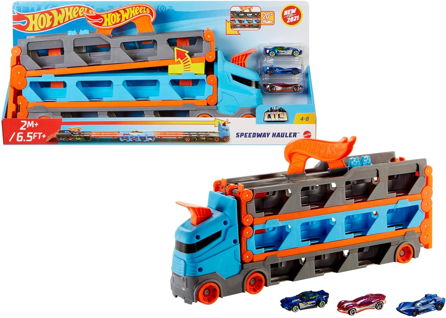Hot Wheels - 2:1 Autorennbahn zu Transporter, inkl. 3 Spielzeugautos, mit Doppelstarter, Auslösefunktion und Weiche, Platz für 20 Autos, Spielzeug ab 4 Jahre