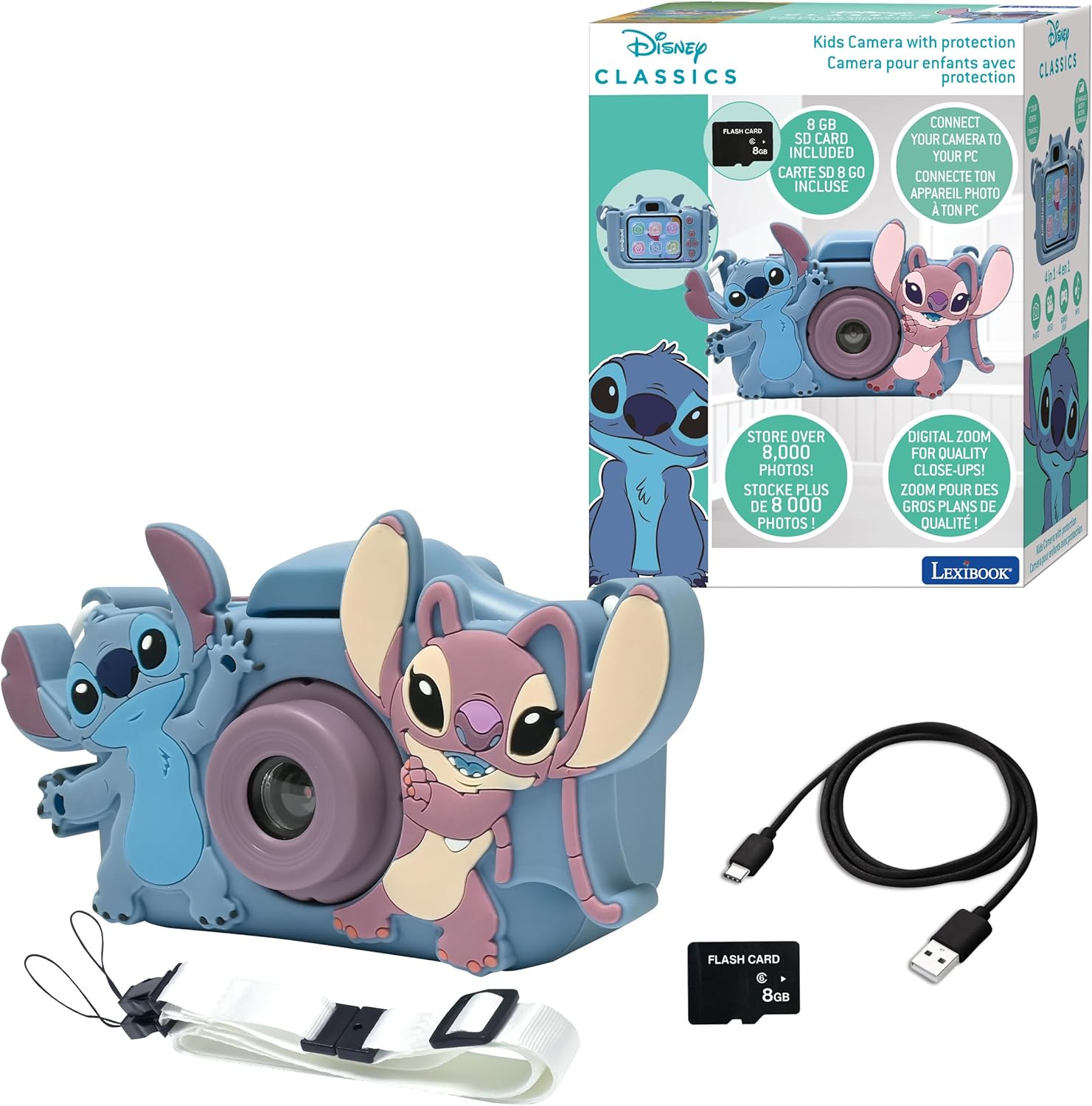 Lexibook, Disney Stitch, 4-in-1 Kamera für Kinder mit Schutz, Foto-, Video-, MP3- und Spielfunktionen, 15 Rahmen zur Personalisierung Ihrer Fotos, 8 GB Speicherkarte enthalten, DJ078D
