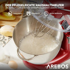 Arebos Küchenmaschine 1500W mit 6L Edelstahl-Rührschüssel | Rot |