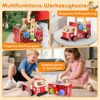 Nauotk Werkzeugkoffer Kinder Werkbank, 2 in 1 Feuerwehrfahrzeug aus Holz und Werkzeug Kinder, Montessori Holzspielzeug Spielzeug ab 2 3 4 5 Jahre, Kinderwerkzeug Werkzeugwagen, Geschenk Junge Mädchen