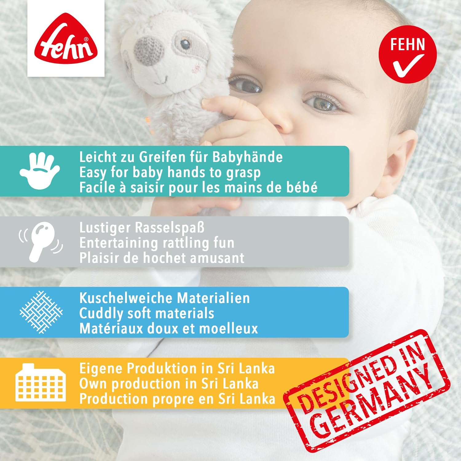 Fehn Mini-Rassel Drache – Mini-Greifling zum Rasseln, Fühlen, Spielen mit kuschelweichem Stoff-Tier – ein treuer Begleiter für Babys und Kleinkinder ab 0+ Monaten