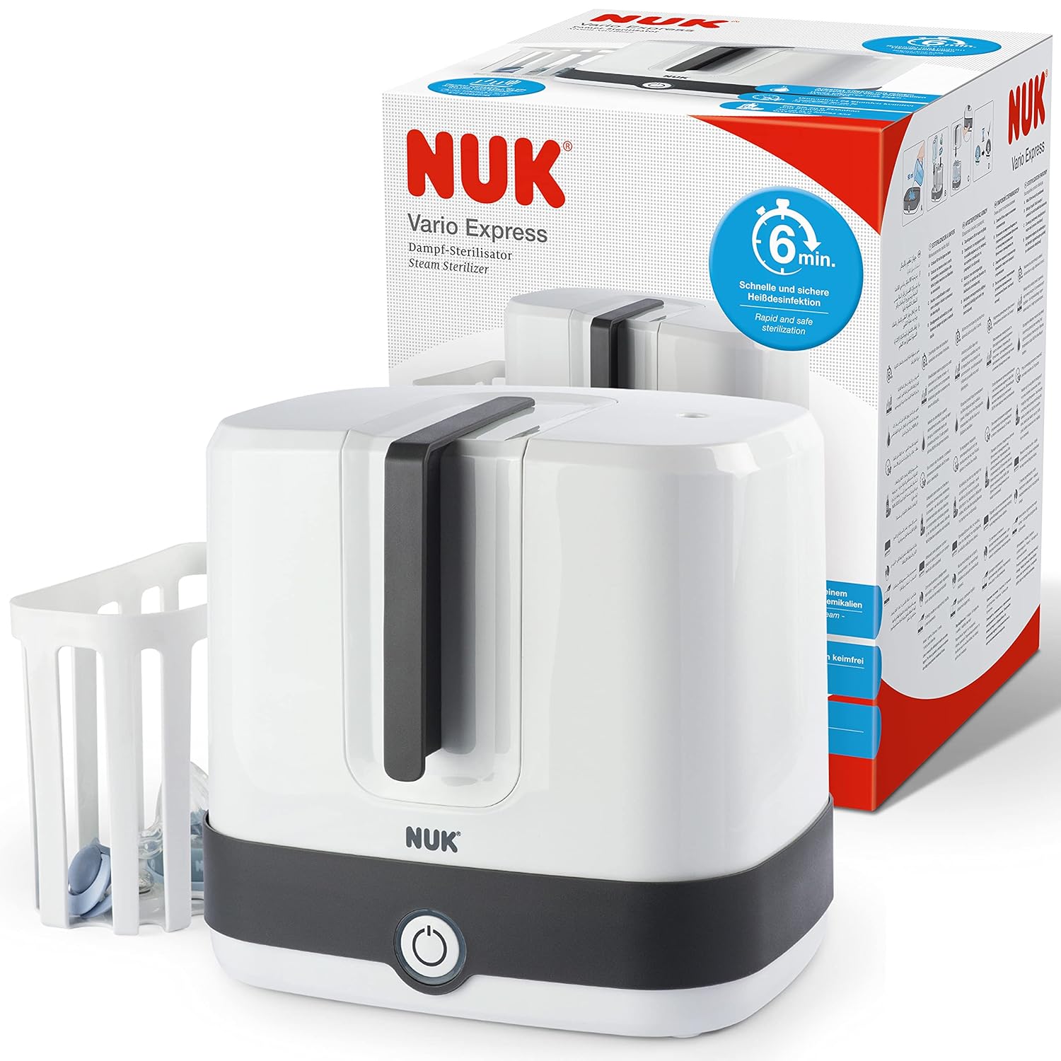 NUK Vario Express Flaschensterilisator | sterilisiert bis zu 6 Babyflaschen plus Zubehör in 6 Minuten auf Wasserdampfbasis | automatische Abschaltung | herausnehmbarer Korb & versetzbare Stäbe