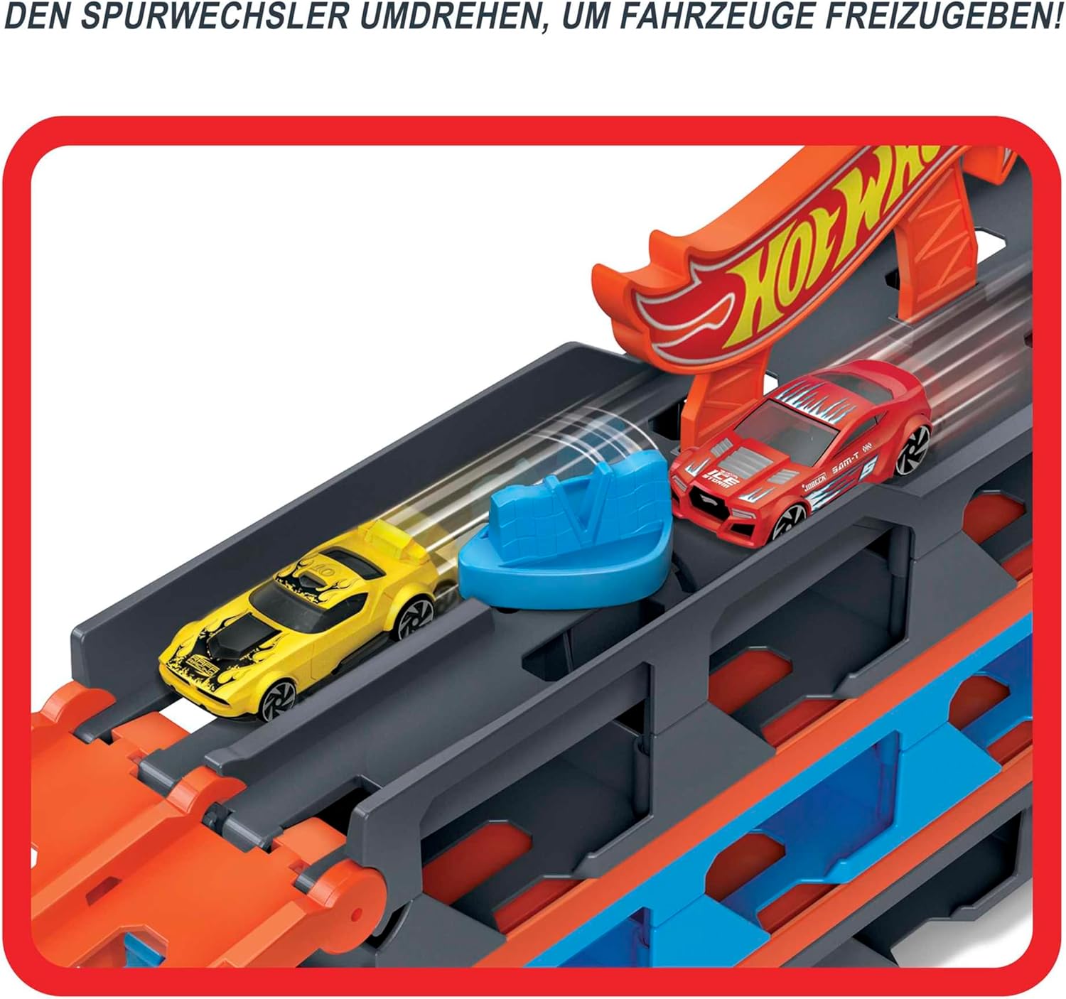 Hot Wheels - 2:1 Autorennbahn zu Transporter, inkl. 3 Spielzeugautos, mit Doppelstarter, Auslösefunktion und Weiche, Platz für 20 Autos, Spielzeug ab 4 Jahre