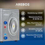 Arebos Wärmepumpe für Pools Schwimmbecken bis 20000 L Wasserinhalt | Pool Heizung Heizleistung 3,9 kW | Wasseranschluss Ø 32/38 mm | Digitalsteuerung | Grau