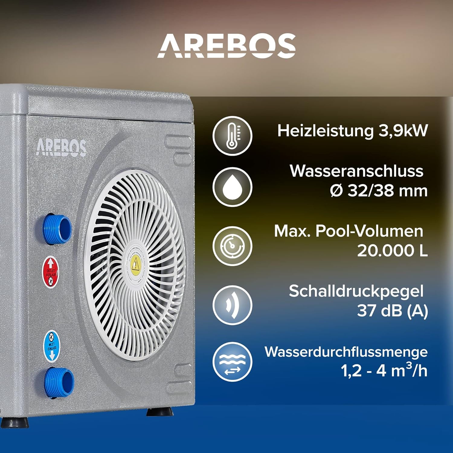 Arebos Wärmepumpe für Pools Schwimmbecken bis 20000 L Wasserinhalt | Pool Heizung Heizleistung 3,9 kW | Wasseranschluss Ø 32/38 mm | Digitalsteuerung | Grau