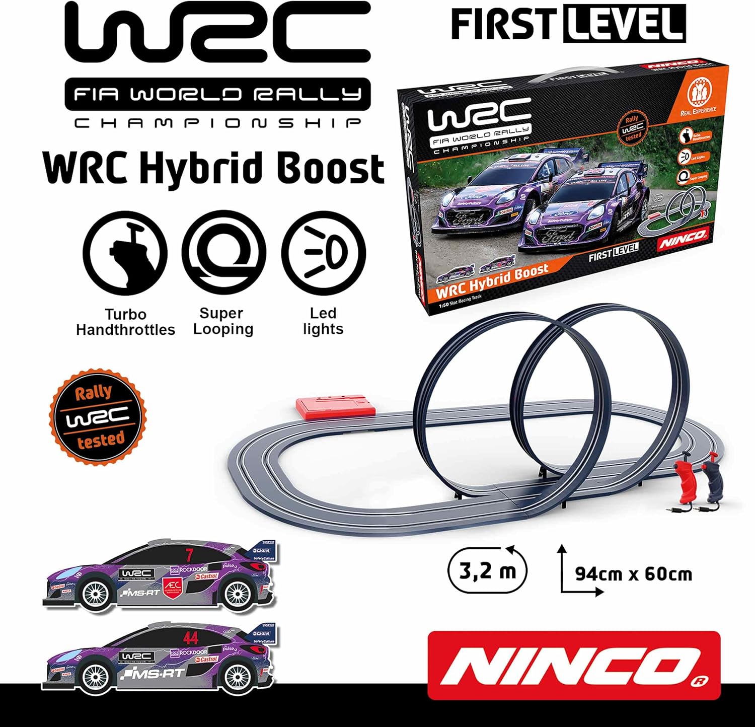 Ninco - WRC Hybrid Boost - Slot-Schaltung auf Maßstab 1/50 und 320 cm Strecke inkl. Zwei Ford Puma Hybrid-Fahrzeuge der WRC Weltmeisterschaft 2022, ab 3 Jahren (91019)