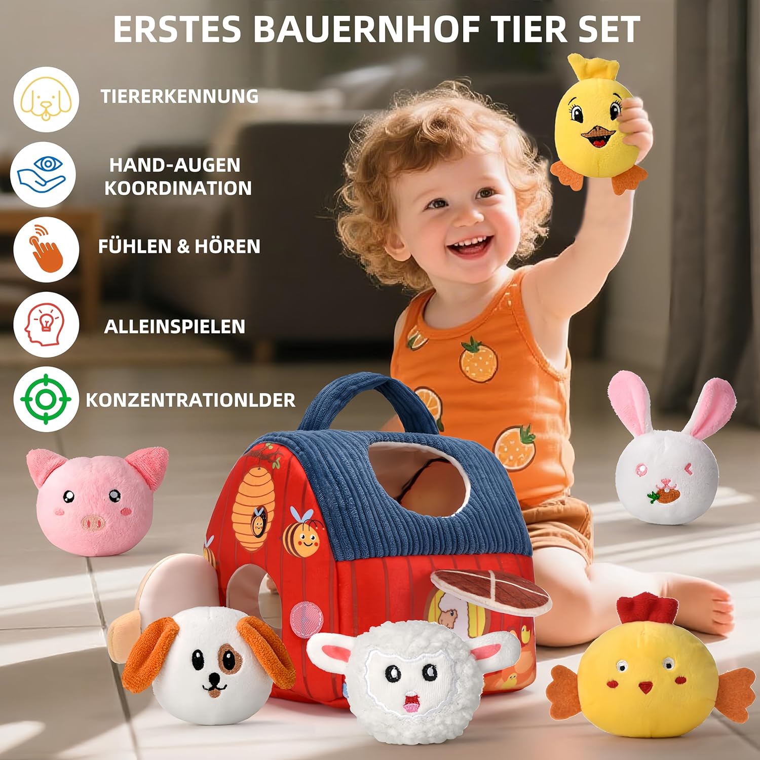 Montessori Baby Spielzeug ab 6 -12 Monate - Weiches Bauernhof-Set mit 6 Tieren, Rassel & Spiegel, Sensorisches Spielzeug Lernspielzeug für Kinder 1-3 Jahre, Ideales Weihnachts- und Ostergeschenk