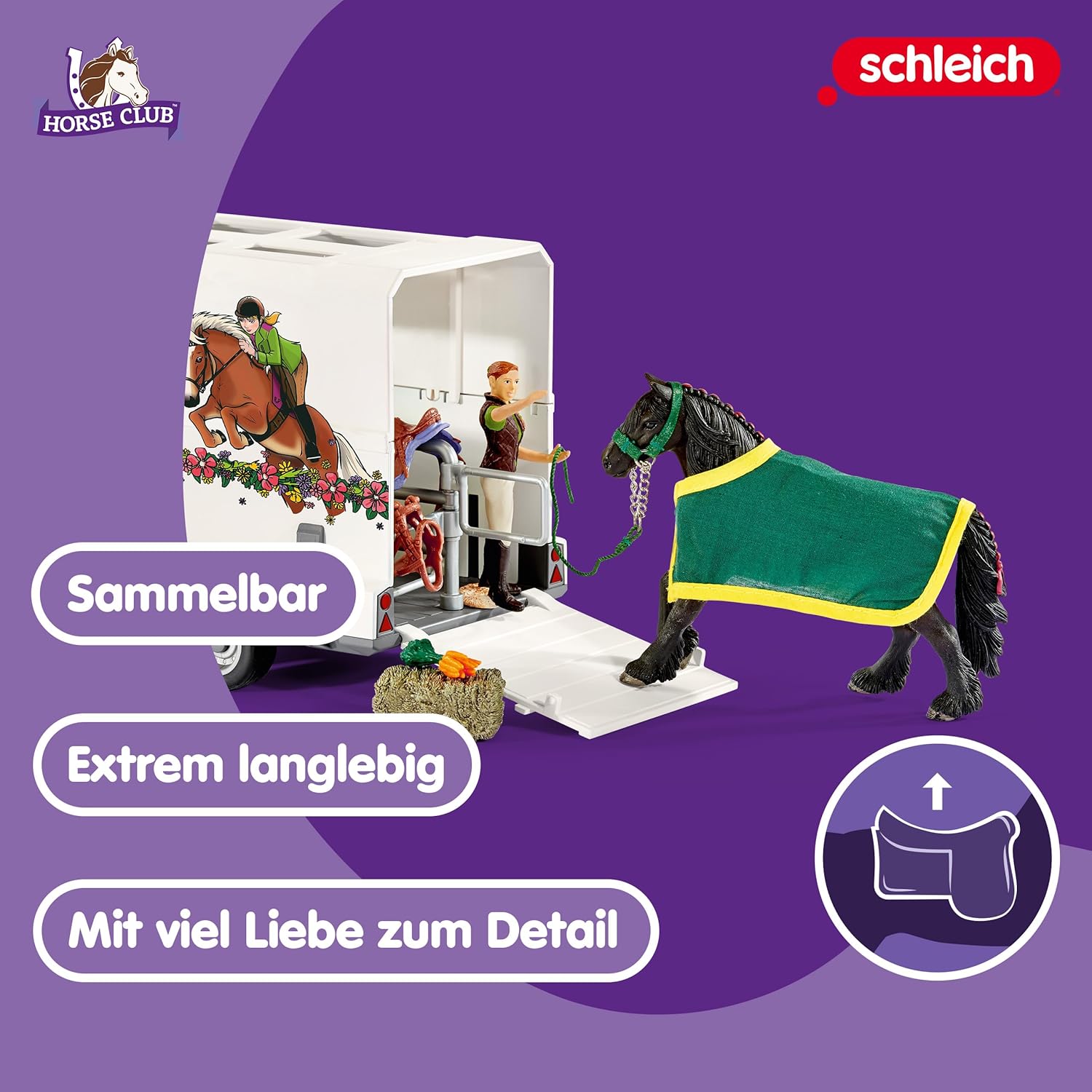 Schleich Horse Club | Pick-up mit Pferdeanhänger 42346 | Set inkl. Fahrzeug, Anhänger, Pferd, 2 menschliche Figuren & Zubehör | Pferdespielzeug & Geschenk für Kinder | 38-teiliges Spielset
