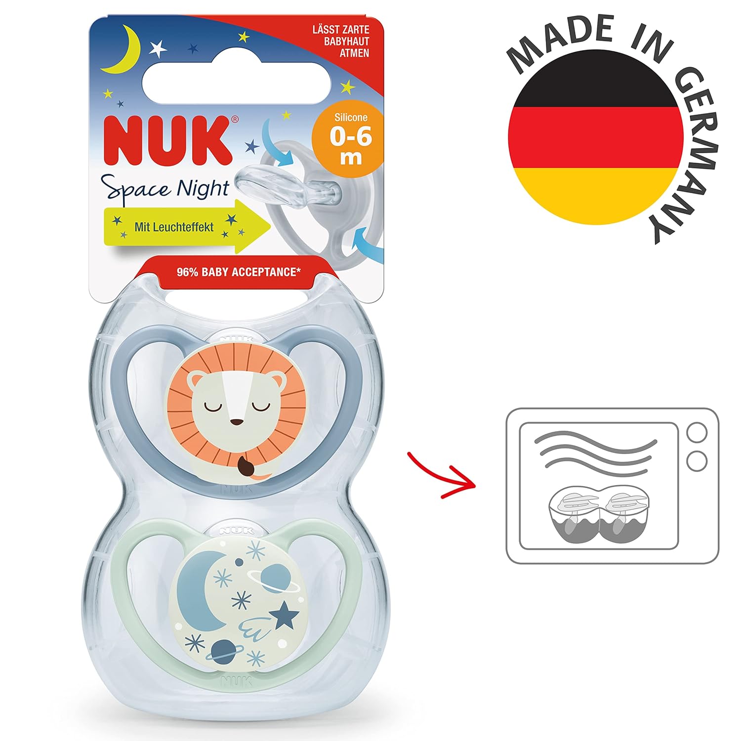 NUK Space Night Babyschnuller | 0−6 Monate | Im Dunkeln leuchtende Schnuller mit zusätzlichen Öffnungen für sensible Haut | BPA-freies Silikon | Löwe | 2 Stück