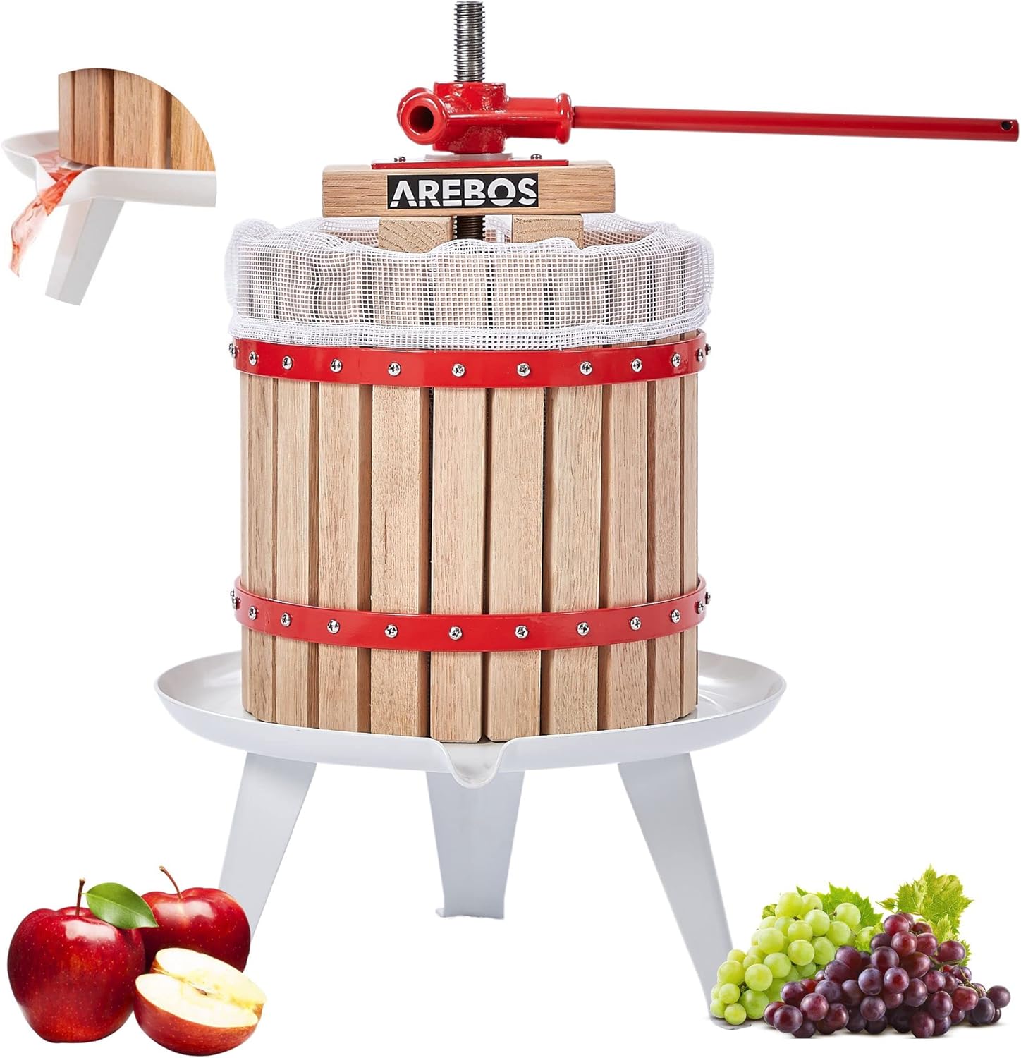 Arebos Obstpresse 12L | Manuelle Saftpresse I Beerenpresse inkl. Presstuch, Druckplatte und Metallspindel I Für jegliche Arten von Saft & Gemüse